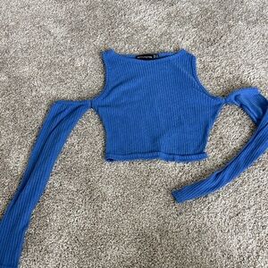PrettyLittleThing Blue Ribbed Cold Shoulder Crop Top